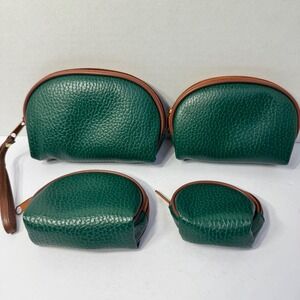 Set of 4 Emerald Green Pebble Faux Leather Nesting Cosmetic Bags Brown Trim EUC